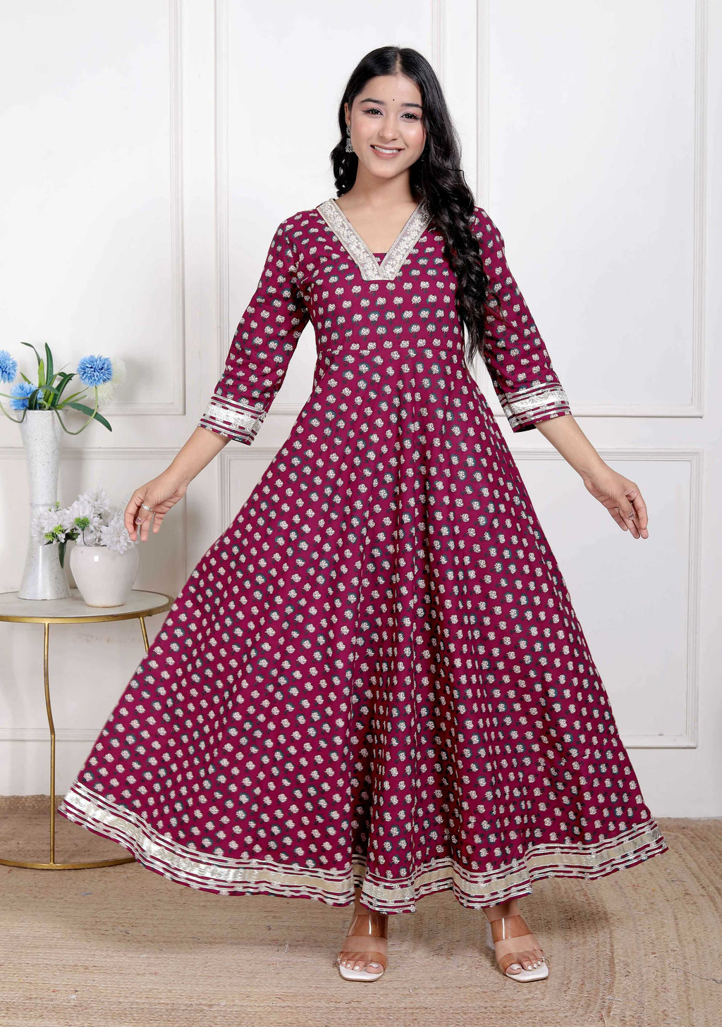 Miravan Women Maroon Floral Print Soft Cotton embroidered Anarkali Kurta | Grocsy