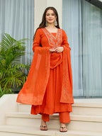 The52 Orange Women's Gorgeous Embroidered Chinon Fabric Flared Kurta Pant and Dupatta Set | Grocsy