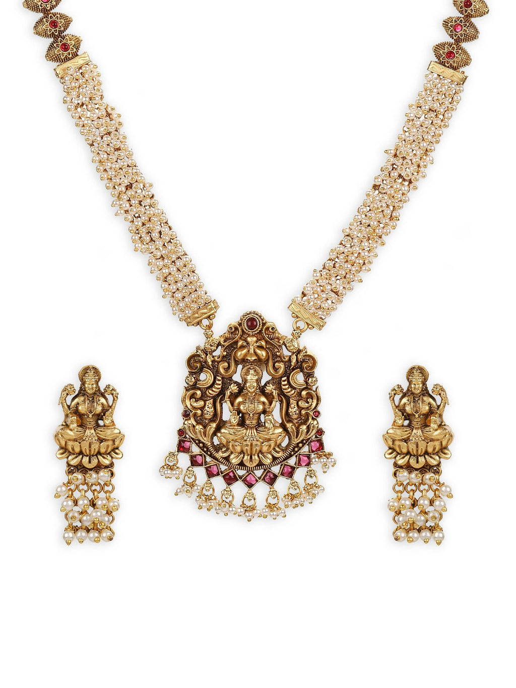 Gold-Polished Pink White Stones-Studded Beaded Jewellery Set - Ruby Raang | Grocsy