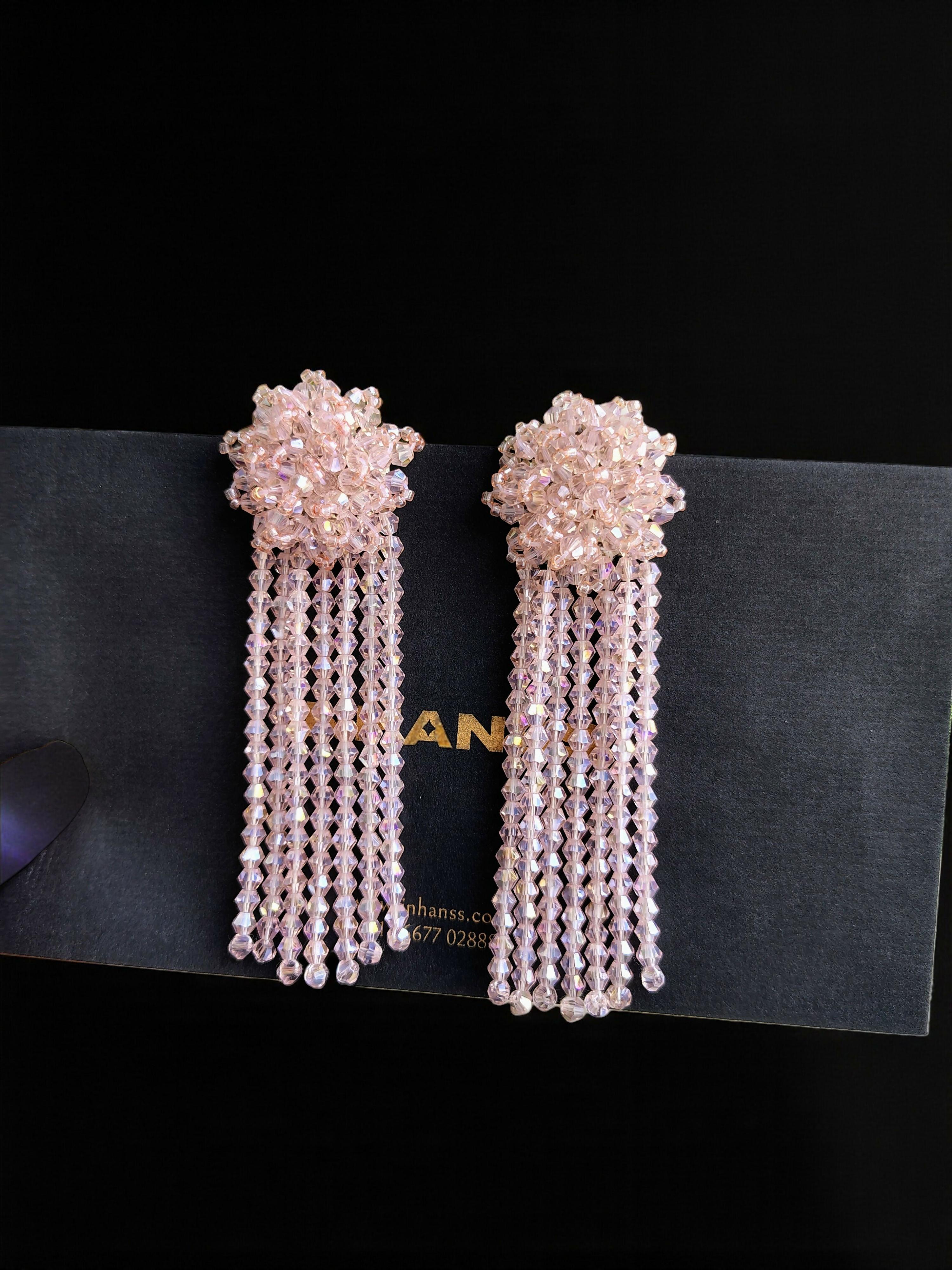 Inhanns Handmade Crystal Waterfall Earrings - Long - Baby Pink Big | Grocsy