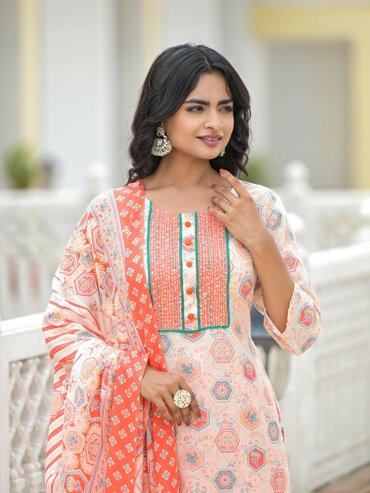 Juniper Women's Peach Floral Printed Cotton Kurta Pant With Dupatta Set With Sequins & Thread Work | Grocsy