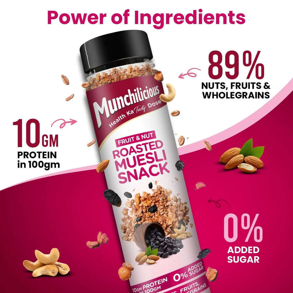 Munchilicious Muesli – Fruit & Nut Roasted Rolled Oats, Raisins, Almonds, Cashews & Peanut Butter | Grocsy
