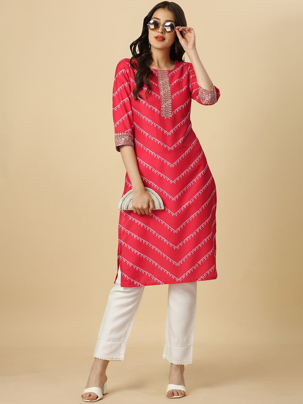 HERE&NOW Red & White Bandhani Printed Thread Work Kurta | Grocsy