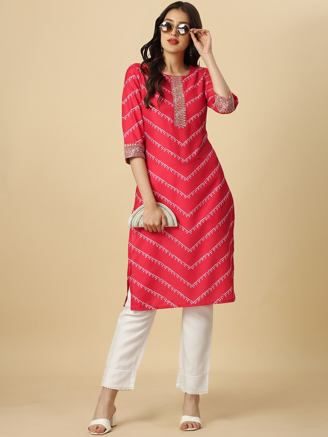 HERE&NOW Red & White Bandhani Printed Thread Work Kurta | Grocsy