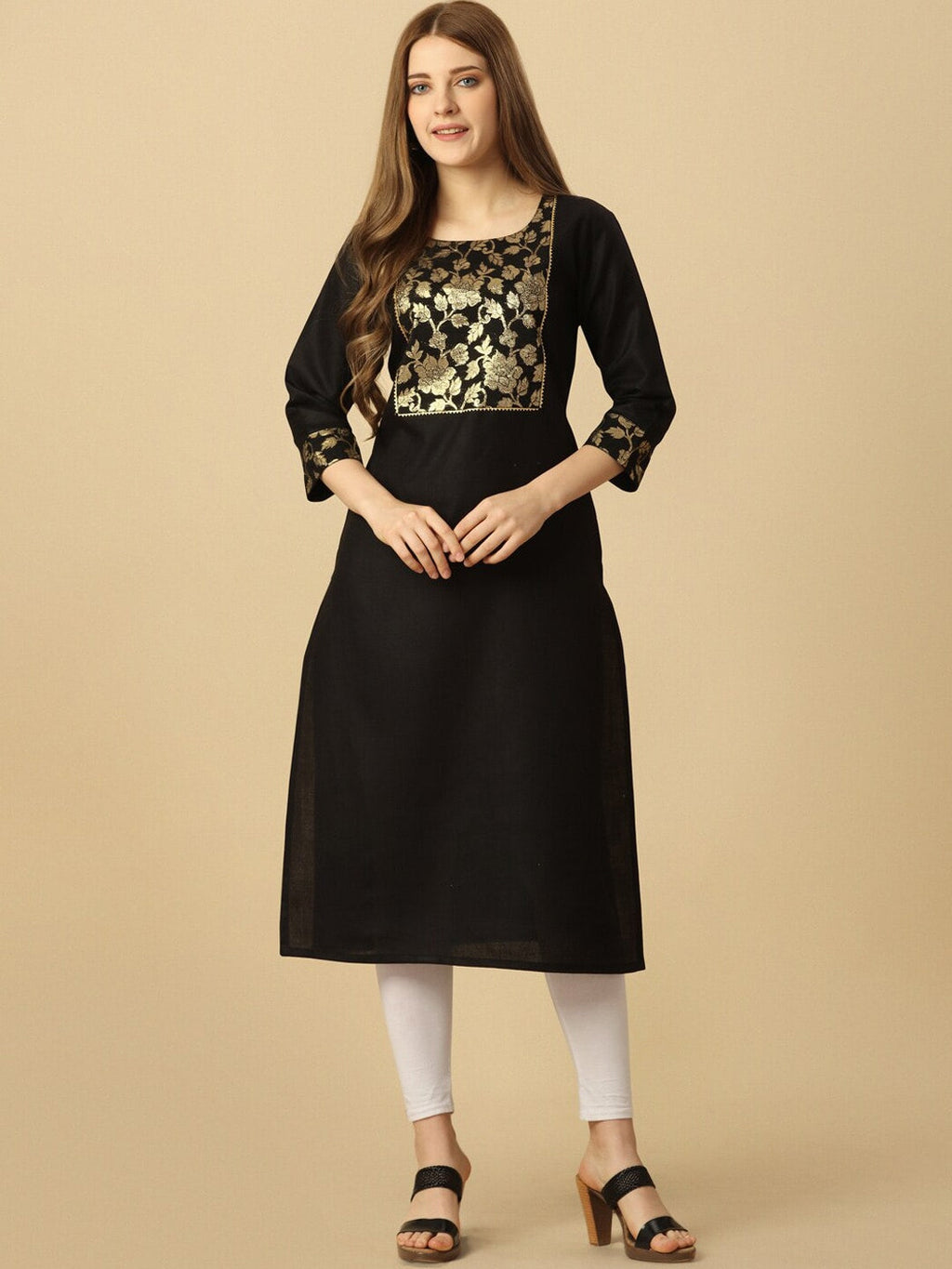 HERE&NOW Black & Gold Square Neck Yoke Design Cotton Kurta | Grocsy