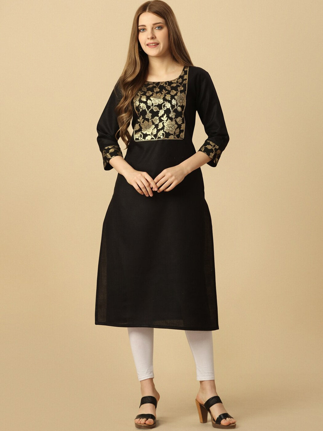 HERE&NOW Black & Gold Square Neck Yoke Design Cotton Kurta | Grocsy
