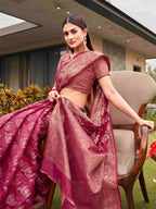 Tikhi Imli Pink Ethnic Motifs Woven Design Zari Saree | Grocsy