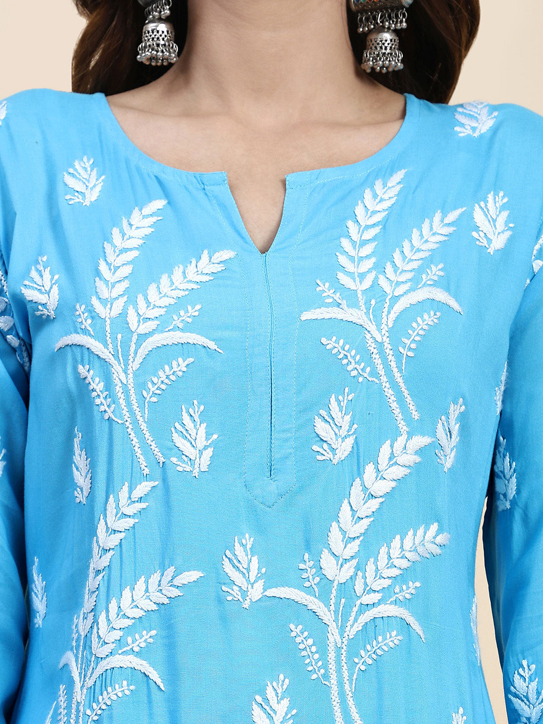 HOUSE OF KARI Floral Embroidered Chikankari Pure Cotton Straight Kurta With Trousers | Grocsy