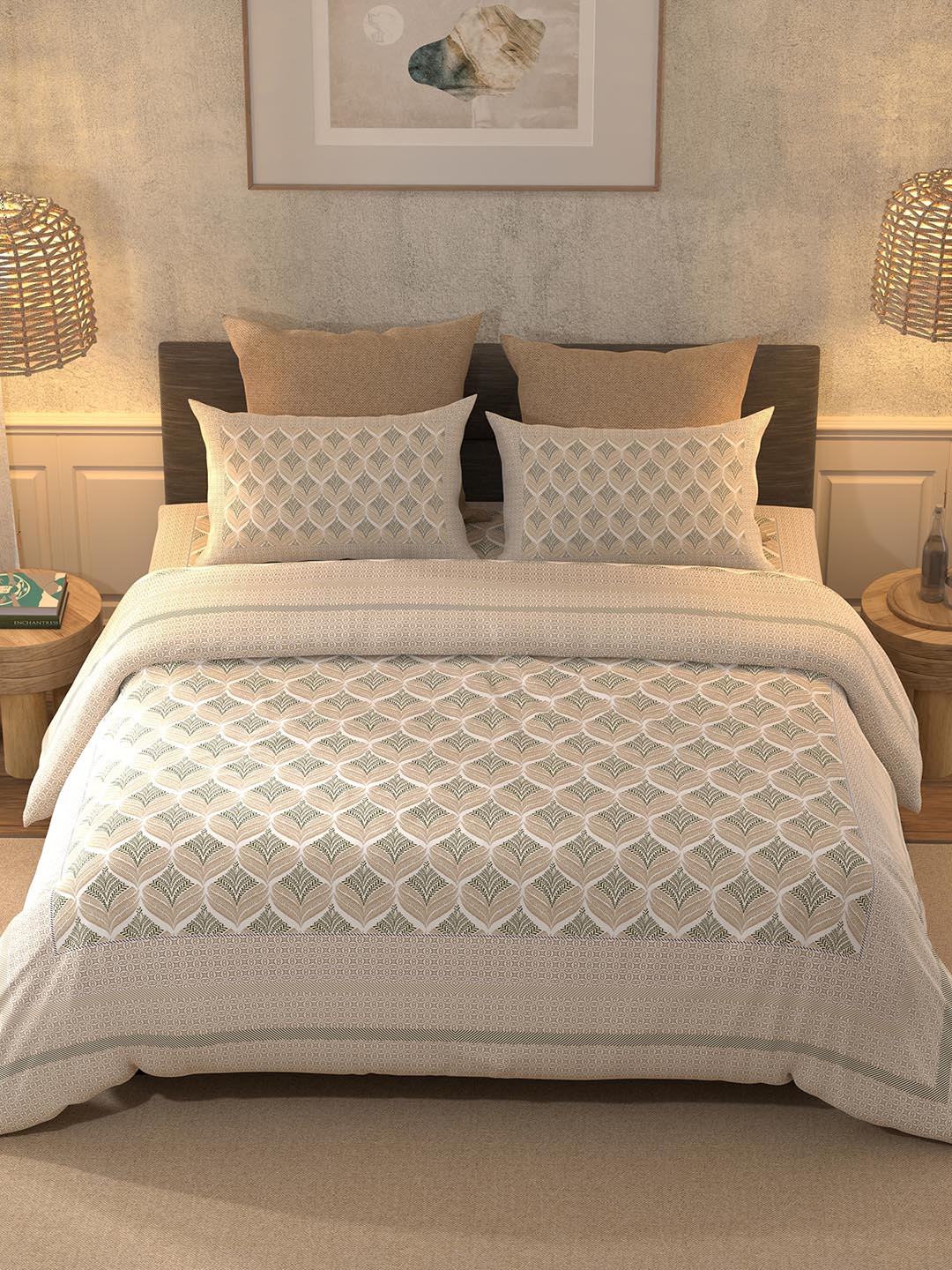 BELLA CASA Beige & Off White Ethnic Motifs 350 TC King Bedsheet with 2 Pillow Covers | Grocsy