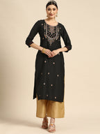 Sangria Women Black Ethnic Motifs Embroidered Floral Kurta | Grocsy