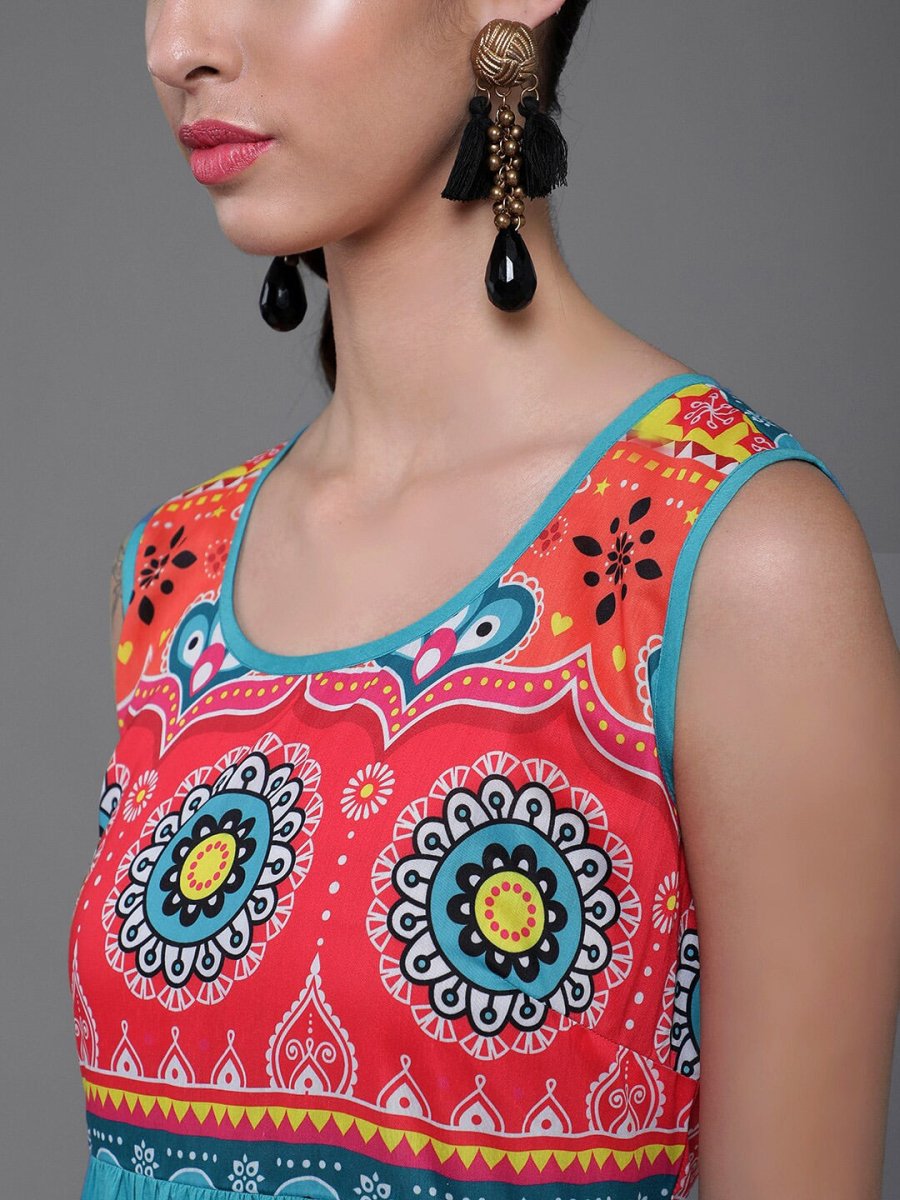 Aks Floral Printed Sleeveless Cotton Silk Anarkali Kurta | Grocsy