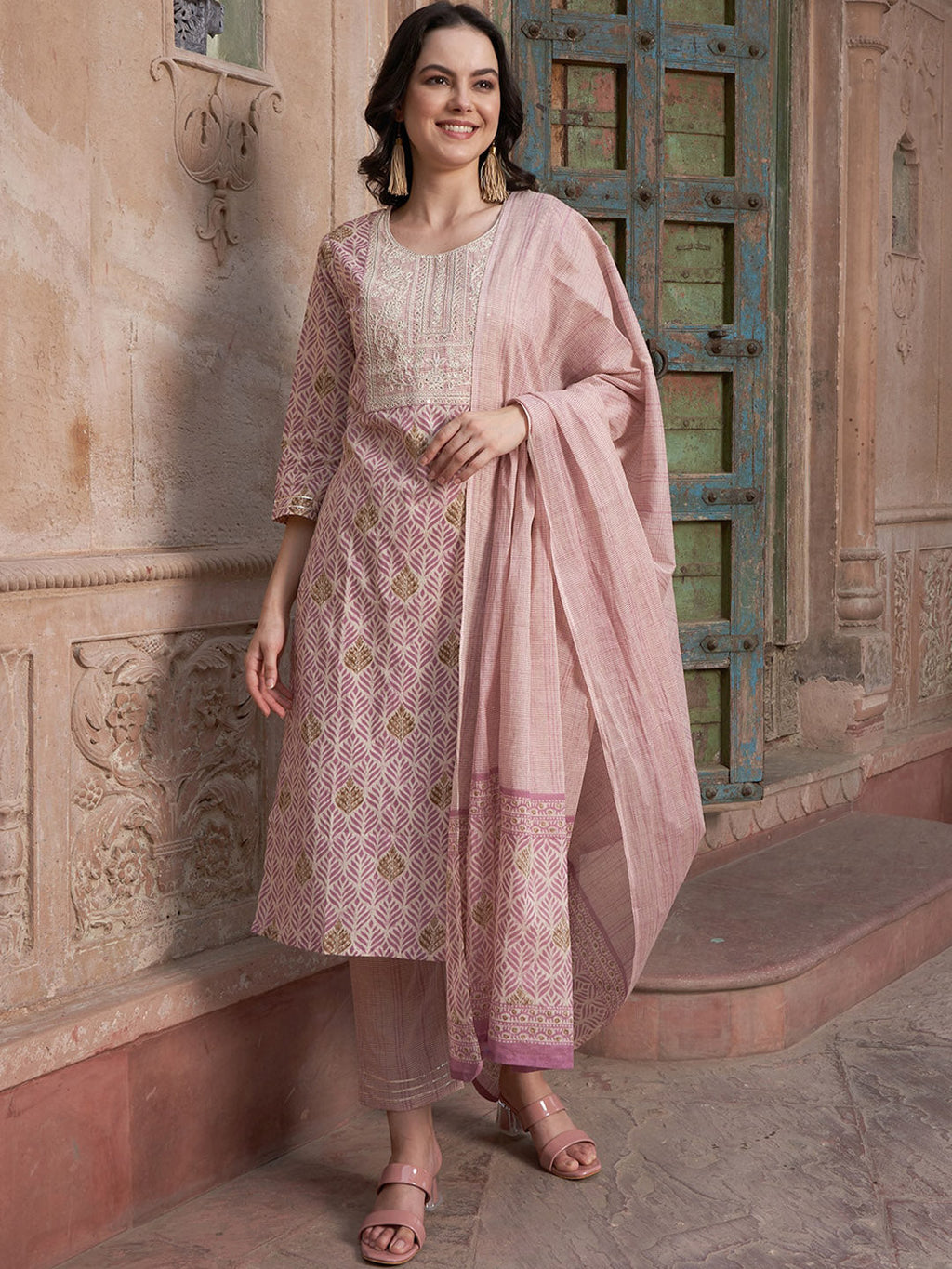 Sangria Mauve coloured Floral Printed Pure Cotton Kurta with Churidar & With Dupatta | Grocsy