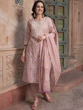 Sangria Mauve coloured Floral Printed Pure Cotton Kurta with Churidar & With Dupatta | Grocsy