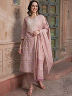 Sangria Mauve coloured Floral Printed Pure Cotton Kurta with Churidar & With Dupatta | Grocsy