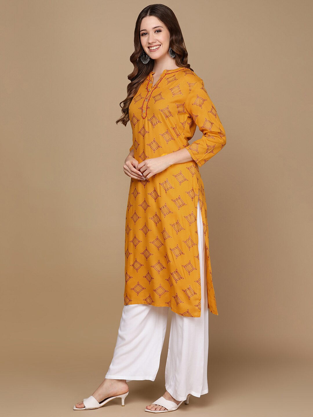 HERE&NOW Mustard Yellow & Red Ethnic Motifs Printed Kurta | Grocsy