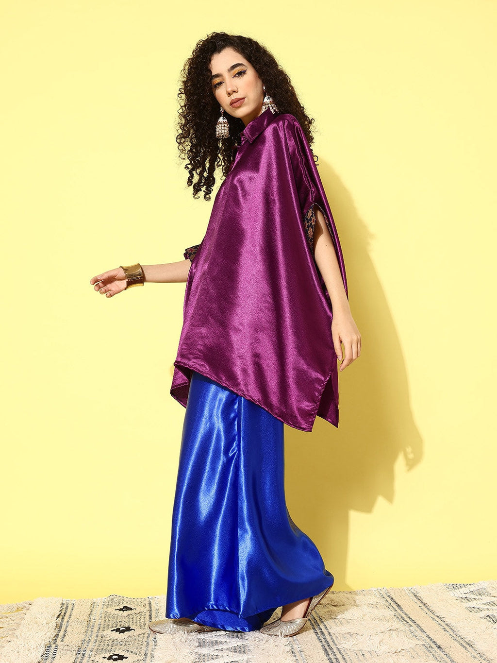 InWeave Women's Wine Navy Brocade Satin Boho Blue Palazzo Set | Grocsy
