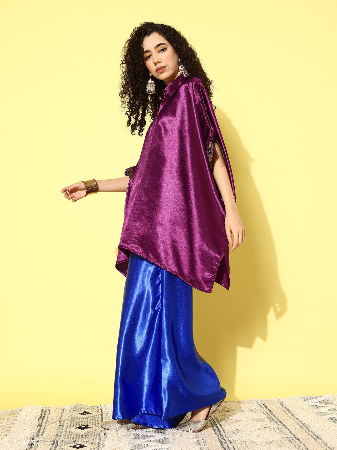 InWeave Women's Wine Navy Brocade Satin Boho Blue Palazzo Set | Grocsy