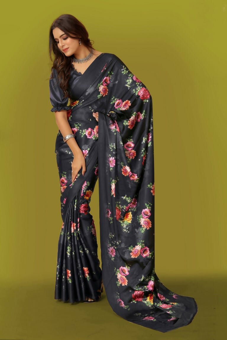 Aayaa Designer Printed Satin Saree - Multi Color | Grocsy