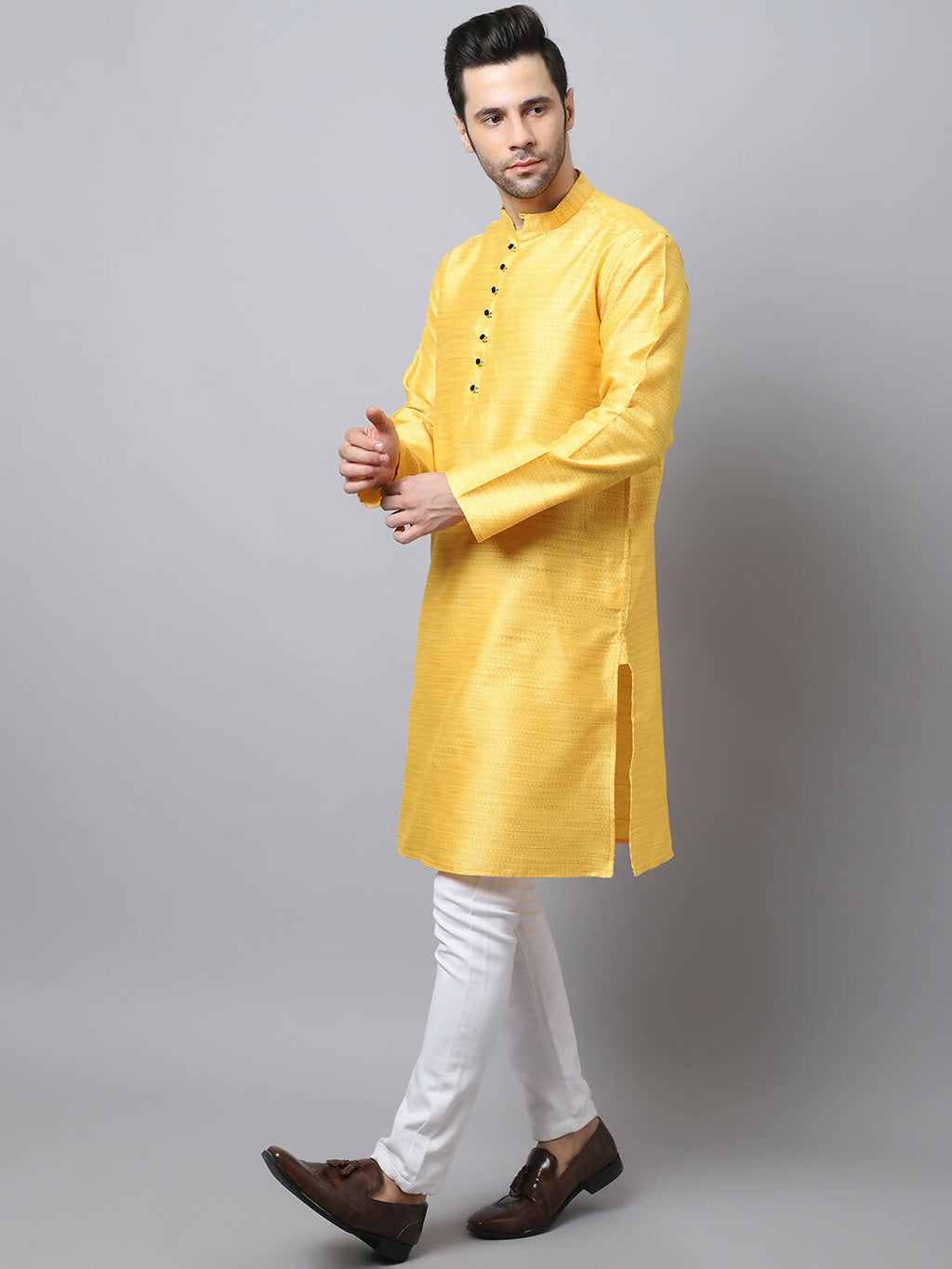 Even Apparels Yellow Pure Cotton Men's Kurta With Band Collar (SLK1187) | Grocsy