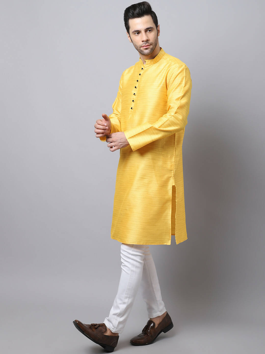 Even Apparels Yellow Pure Cotton Men's Kurta With Band Collar (SLK1187) | Grocsy