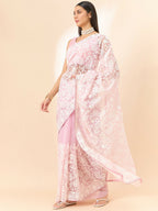Purple Organza Paisely Embroidered Saree with Unstitched Blouse Piece - Roozal | Grocsy