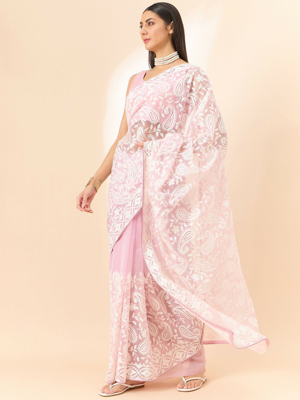 Purple Organza Paisely Embroidered Saree with Unstitched Blouse Piece - Roozal | Grocsy
