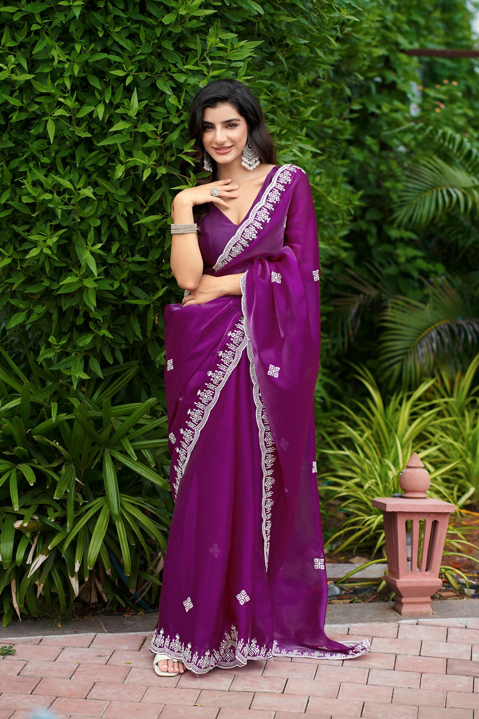 Vastranavya Purple Embroidery Work Shimmer Chiffon Saree with Unstitched Blouse | Grocsy
