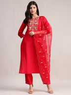 Aavyora Women's Red Embroidered Roman Silk Kurta, Palazzo & Organza Dupatta Set | Grocsy