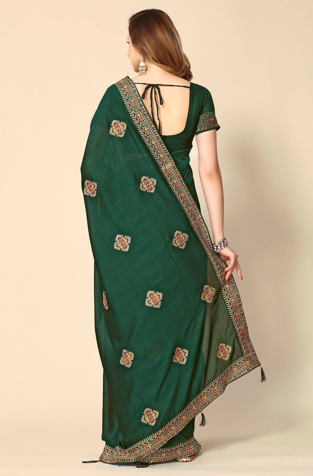 Green Chinon Embroidered Saree with Unstitched Blouse Piece - Roozal | Grocsy