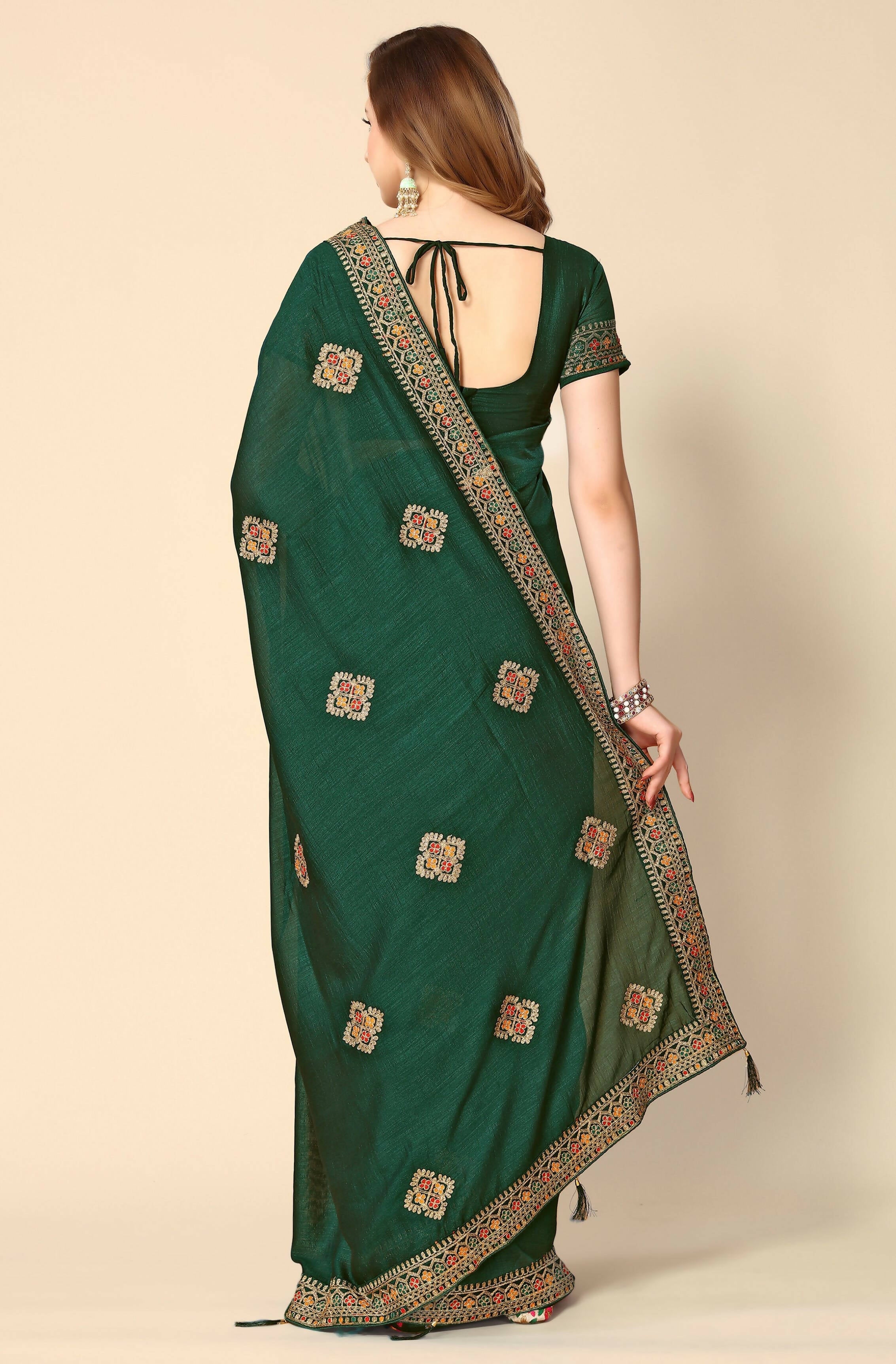 Green Chinon Embroidered Saree with Unstitched Blouse Piece - Roozal | Grocsy