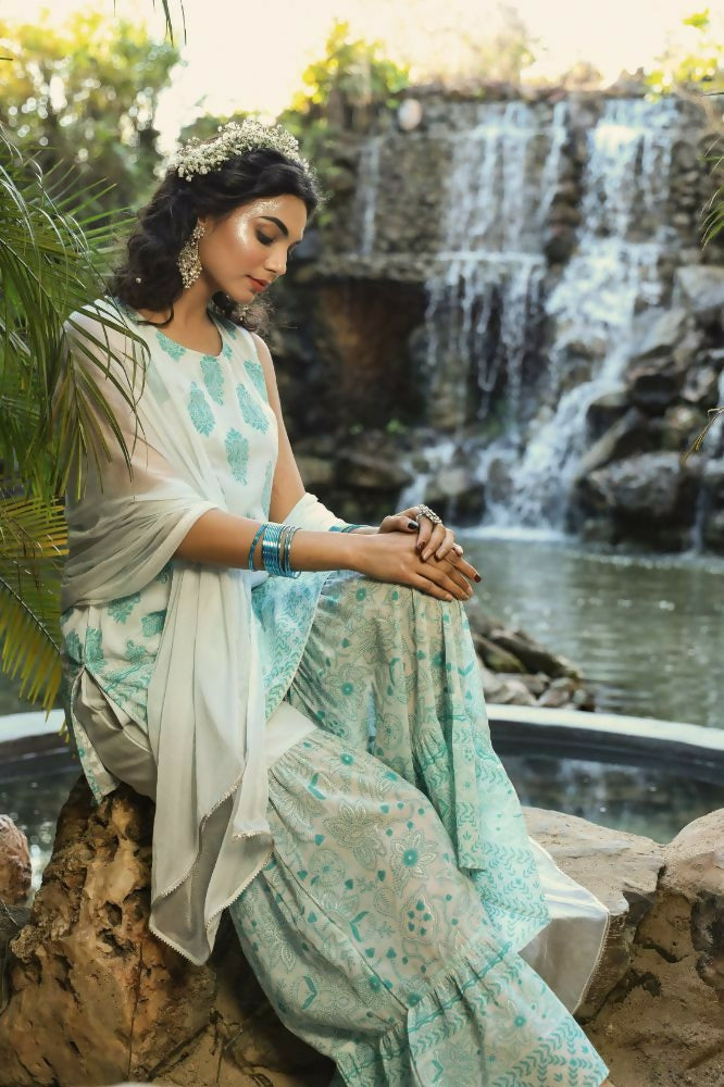 Juniper Blue Ethnic Motif Printed Georgette Kurta Sharara & Chiffon Dupatta Set | Grocsy
