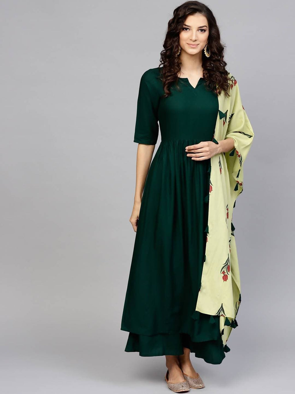 Cheera A-Line solid Green Kurta, Palazzo, Stole Set (CH043K) | Grocsy