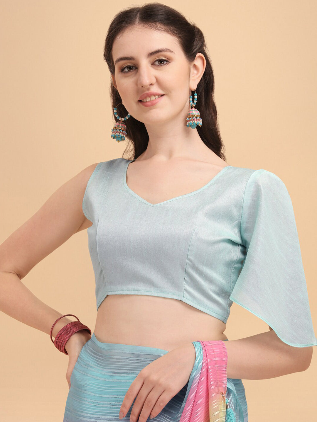 Sangria Blue & Pink Georgette Striped Zari Work Saree | Grocsy