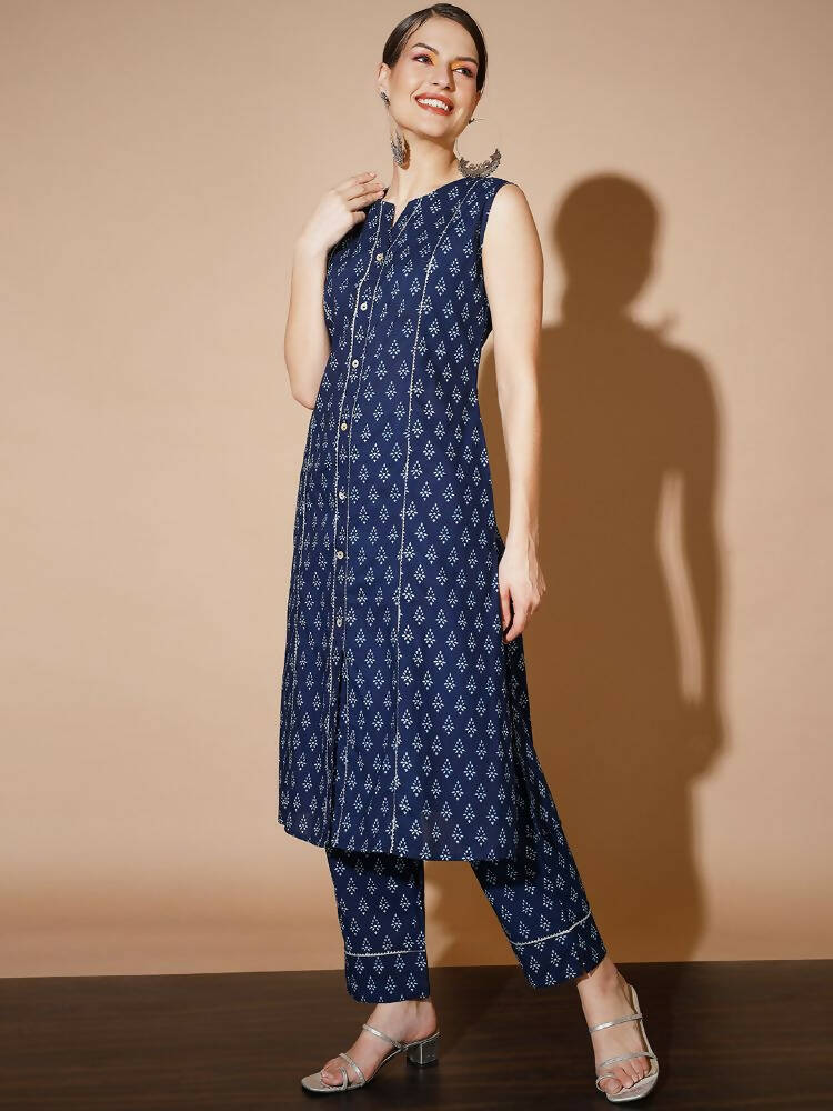 Myshka Women Blue Printed Kurta & Trousers | Grocsy