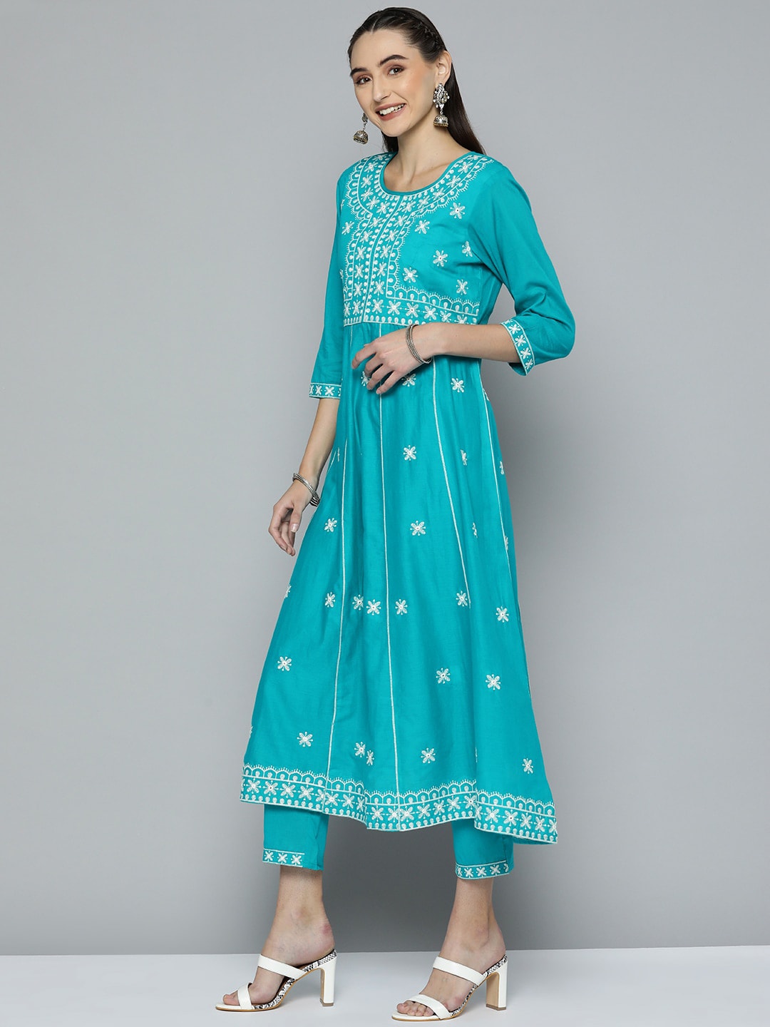 HERE&NOW Women Blue Ethnic Motifs Embroidered Thread Work Kurta with Trousers & With Dupatta | Grocsy