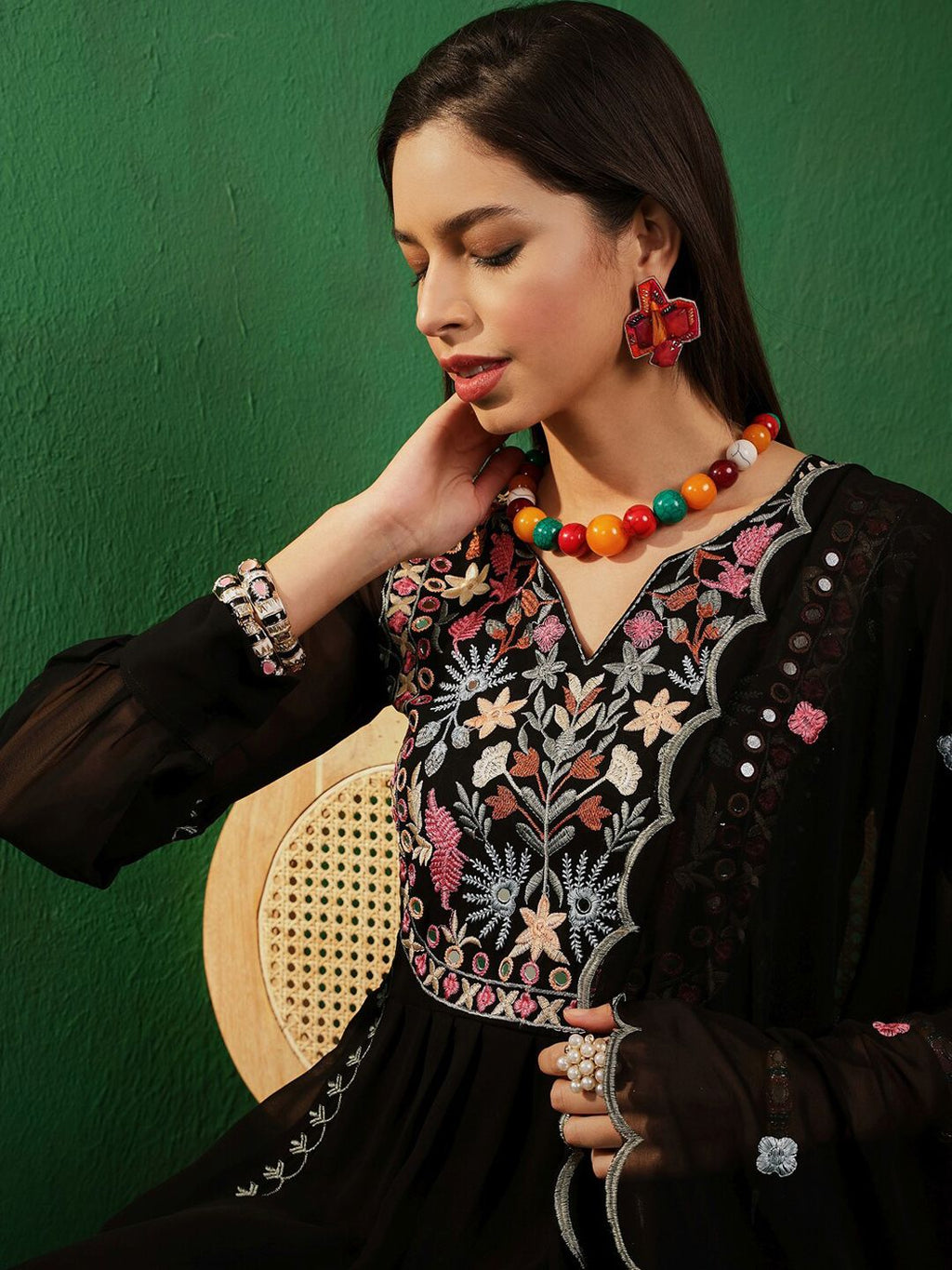 Sangria V Neck Floral Embroidered A Line Kurta with Palazzos & Dupatta | Grocsy