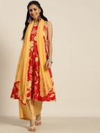 Sangria Women Red & Yellow Quirky Printed Kurta with Palazzos & Dupatta | Grocsy