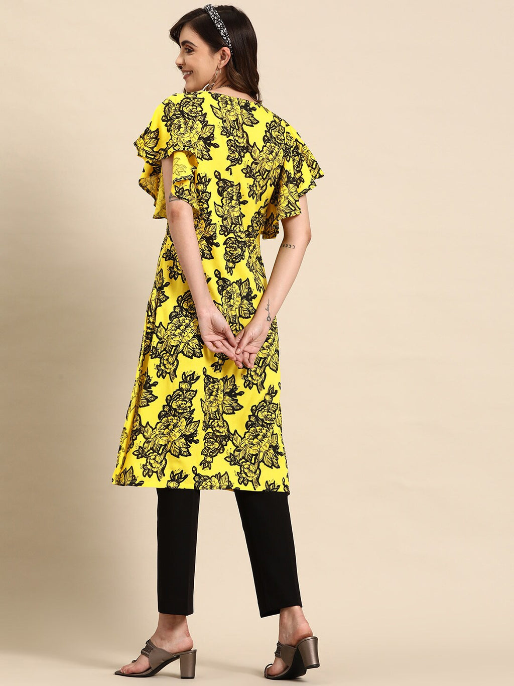 Sangria Floral Print Flutter Sleeves Kurta | Grocsy