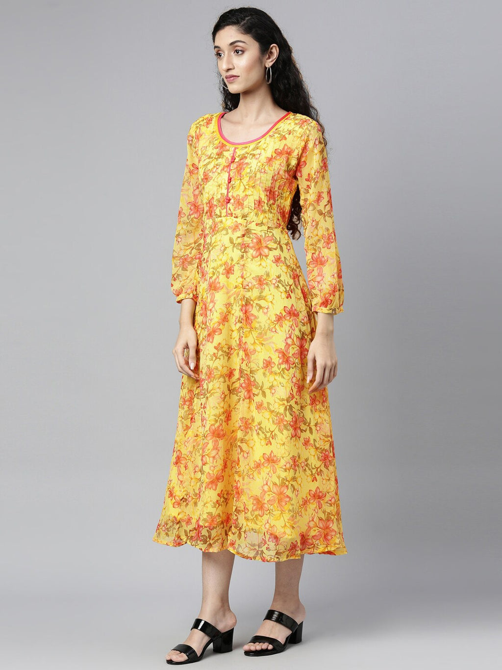 Souchii Yellow Floral Layered Chiffon A-Line Midi Dress | Grocsy