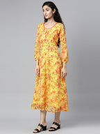 Souchii Yellow Floral Layered Chiffon A-Line Midi Dress | Grocsy