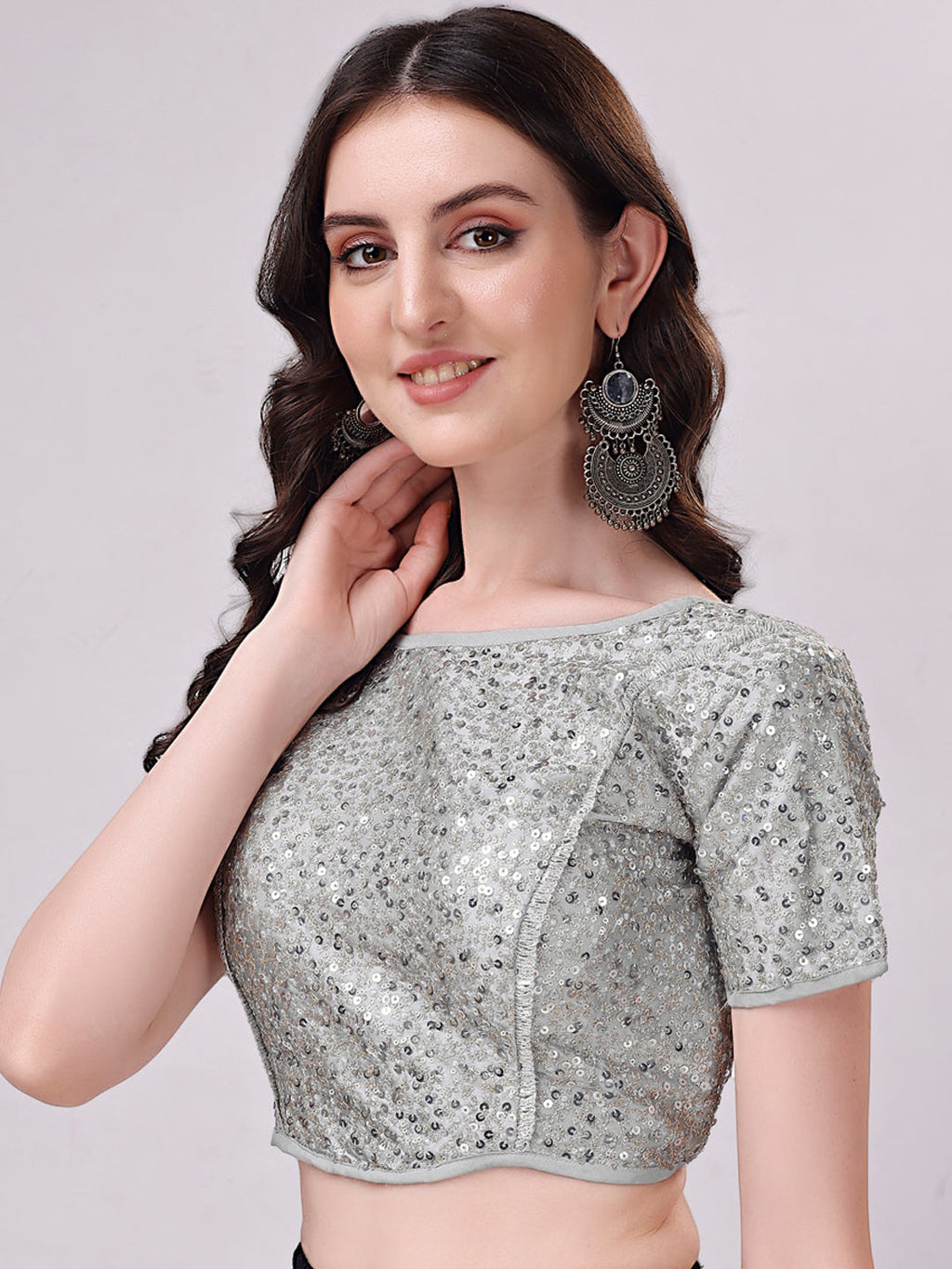 Tikhi Imli Grey Embellished Boat Neck Sequinned Detailed Saree Blouse | Grocsy