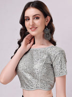 Tikhi Imli Grey Embellished Boat Neck Sequinned Detailed Saree Blouse | Grocsy