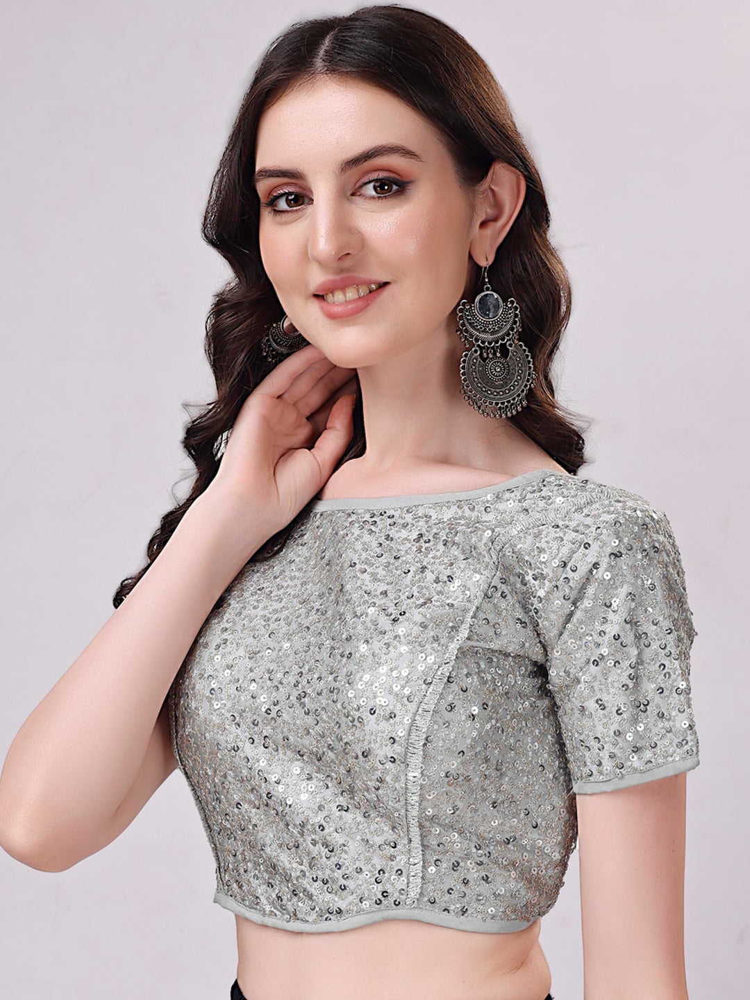 Tikhi Imli Grey Embellished Boat Neck Sequinned Detailed Saree Blouse | Grocsy
