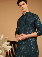 Sojanya Ethnic Motif Embroidered Band Collar Sequinned Pure Cotton Kurta | Grocsy