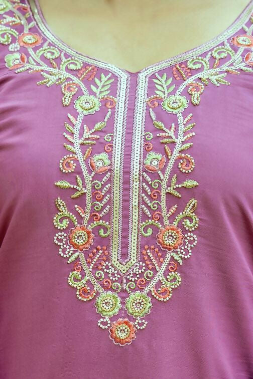 The52 Purple Women's Beautiful Embroidered Viscose Chanderi Silk Fabric with Straight Kurta, Pant and Dupatta Set | Grocsy