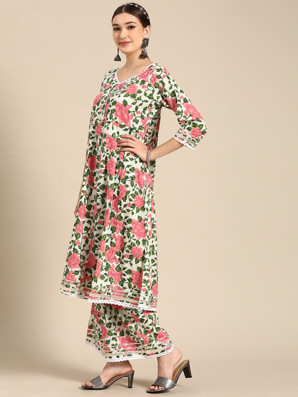 Sangria Women Pink Floral Printed Lace Inserts Pure Cotton Kurta with Sharara & Dupatta | Grocsy