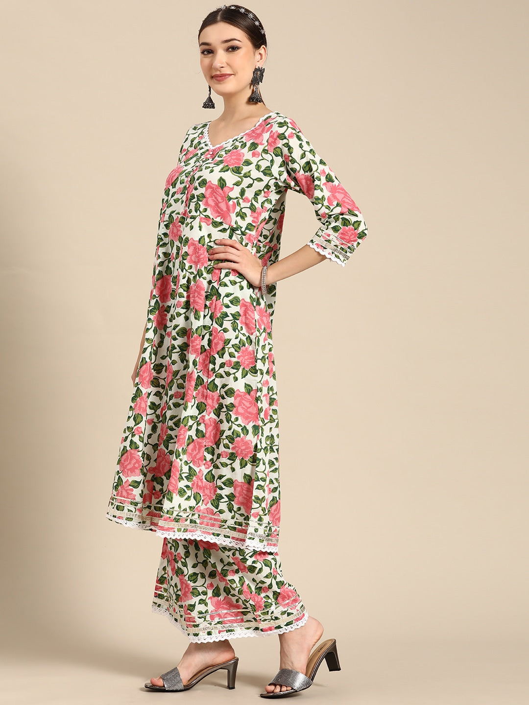 Sangria Women Pink Floral Printed Lace Inserts Pure Cotton Kurta with Sharara & Dupatta | Grocsy