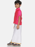 Sethukrishna Boys Pink & White Solid Shirt and Veshti | Grocsy