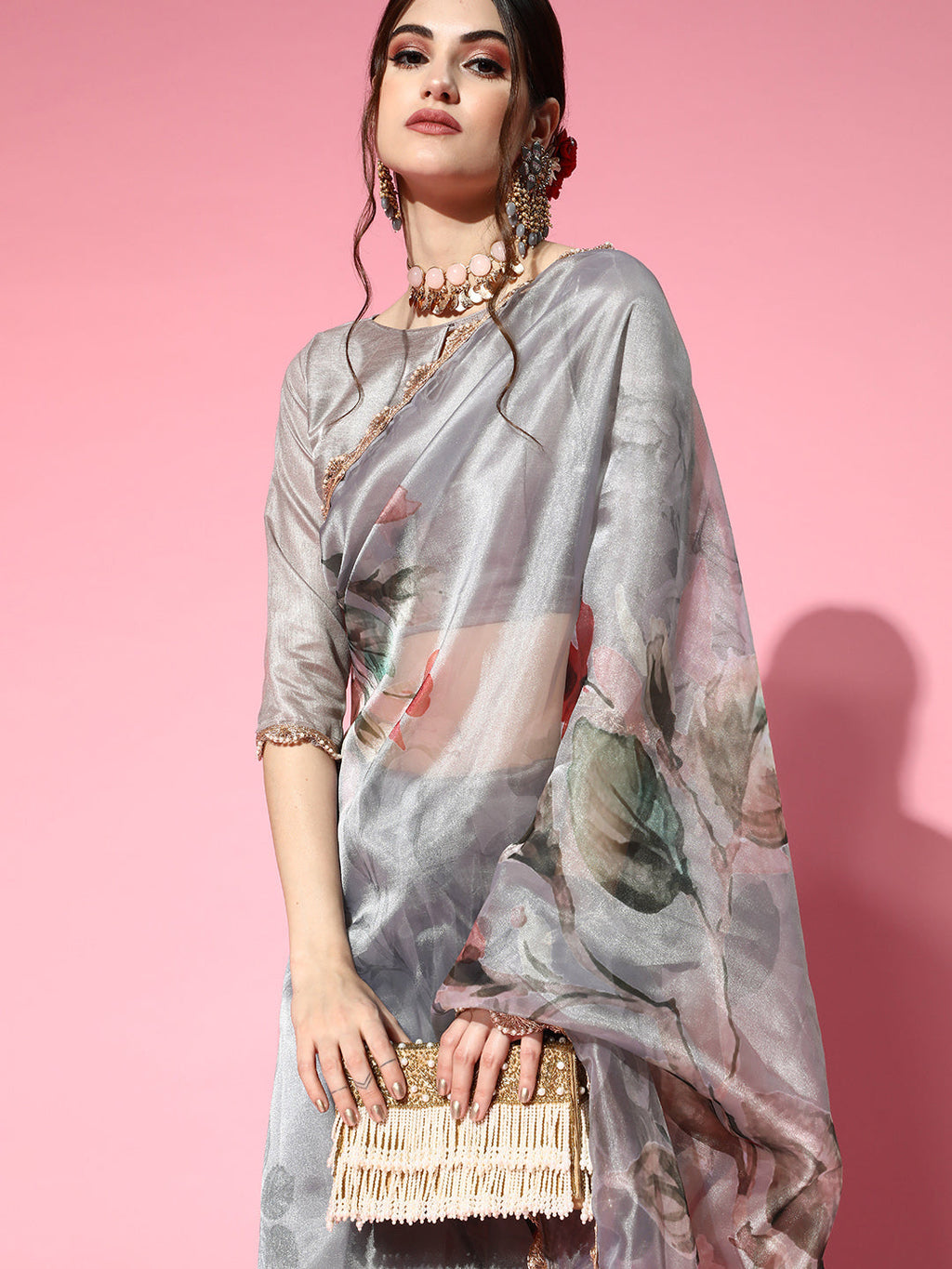 Tikhi Imli Grey Saree with Zari border | Grocsy