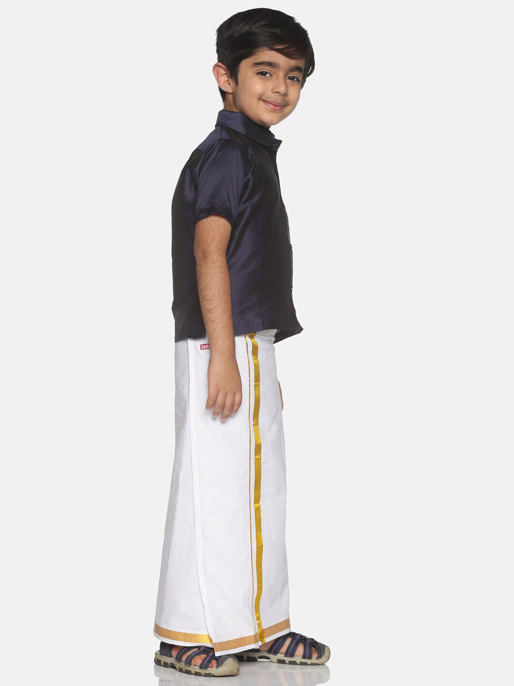 Sethukrishna Boys Navy Blue & White Solid Shirt and Veshti Set | Grocsy